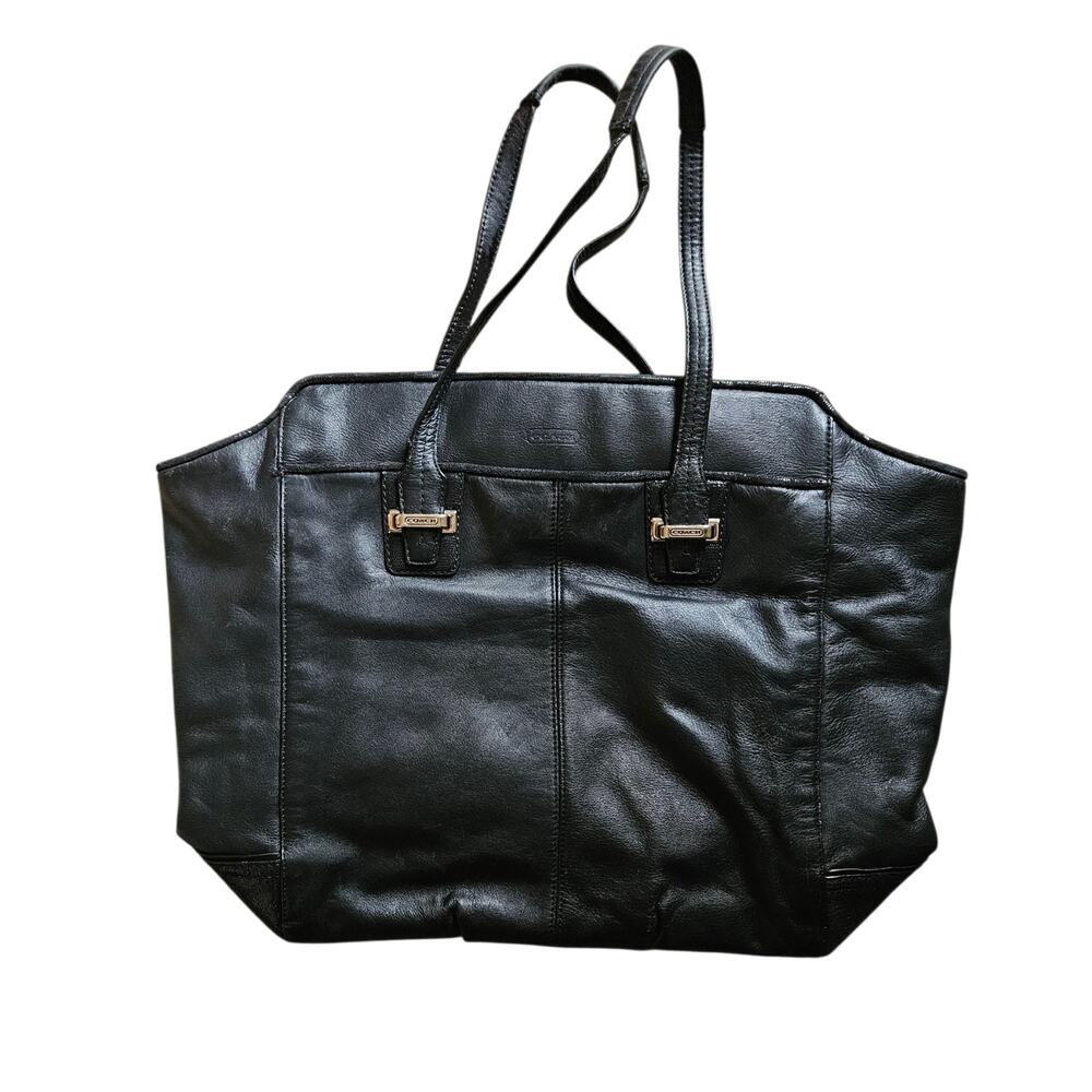 Coach Black Pebbled Leather North South Bag Silver Hardware Large Tote 16"
